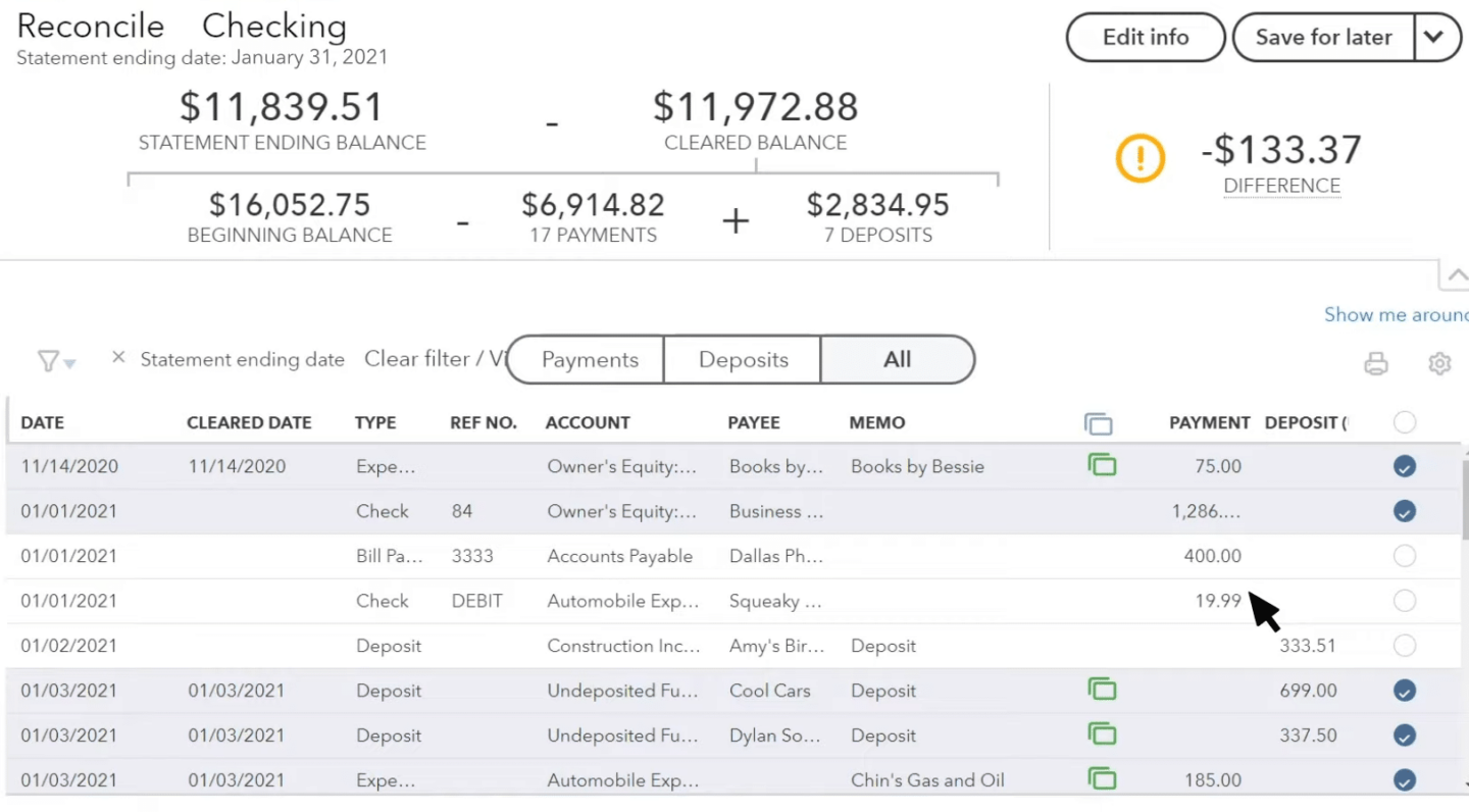 matching credit card transactions quickbooks online for reconciliation