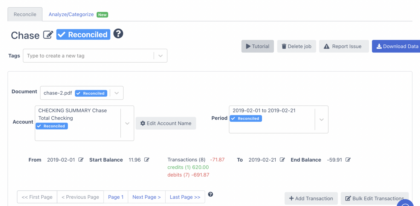 reconciling bank statement processing