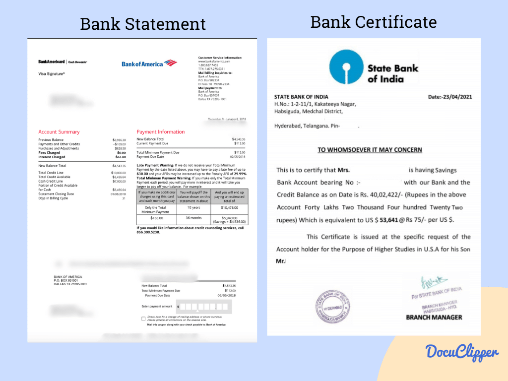 side by side of bank statement and bank certificate
