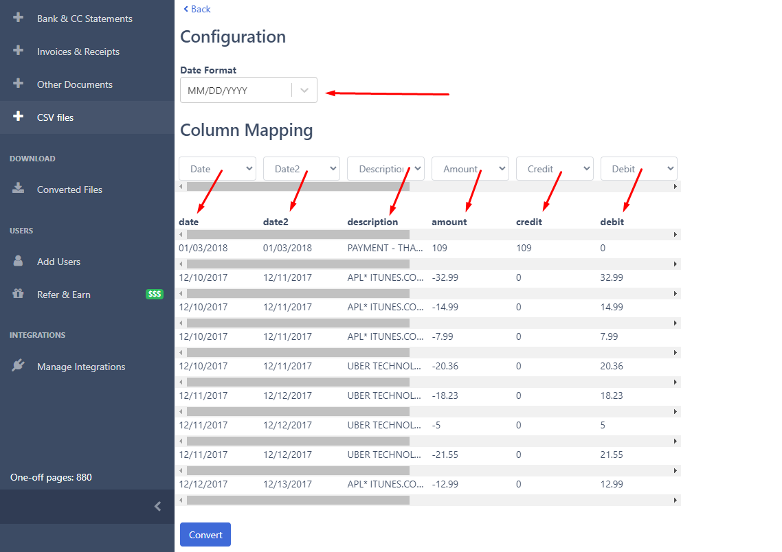 step 2 mapping columns for converting csv to qbo converter docuclipper