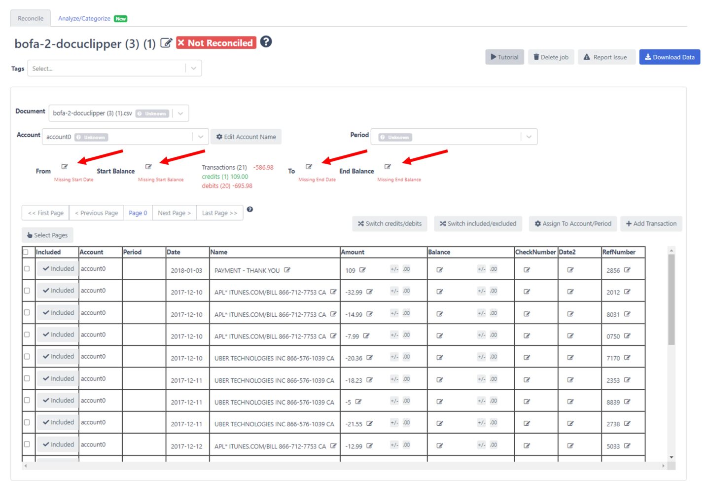 step 3 reconciliting and fixing transactions for csv to qbo docuclipper