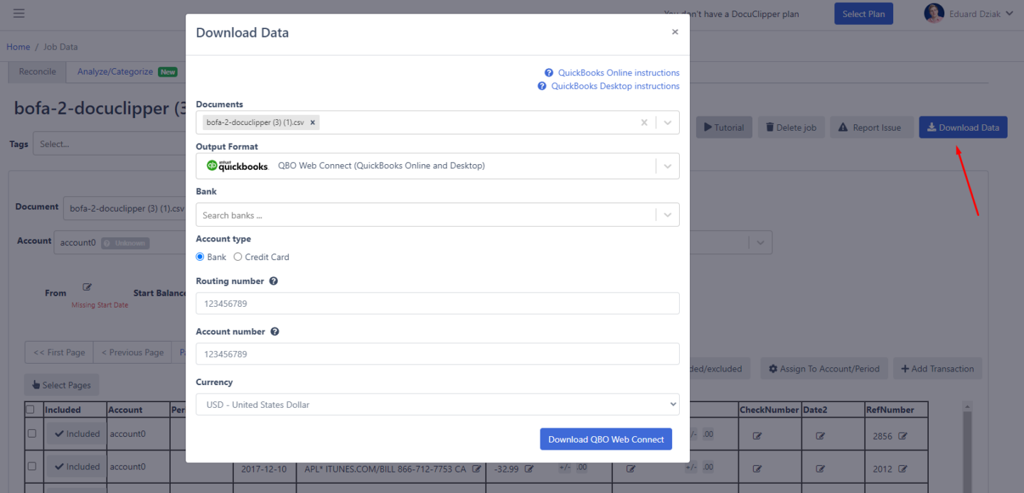 step 4 downloading csv into qbo file format