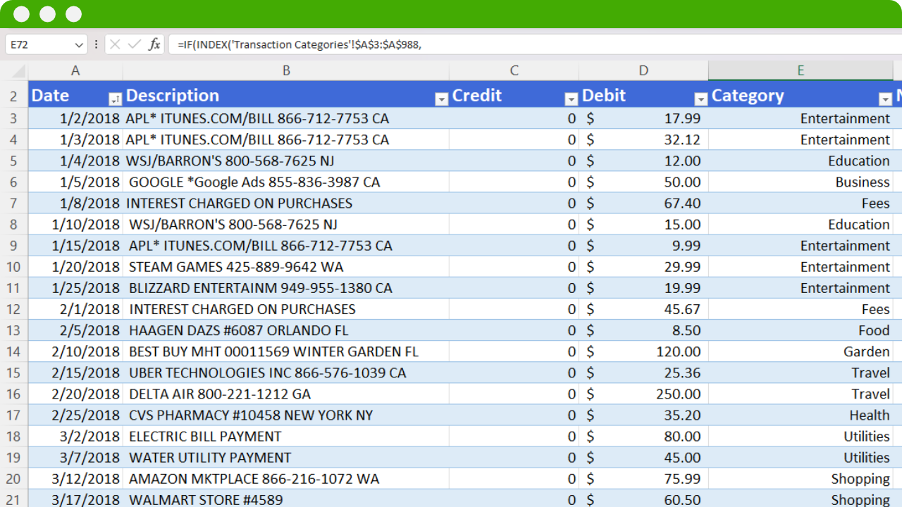 transaction categorization spreadsheet