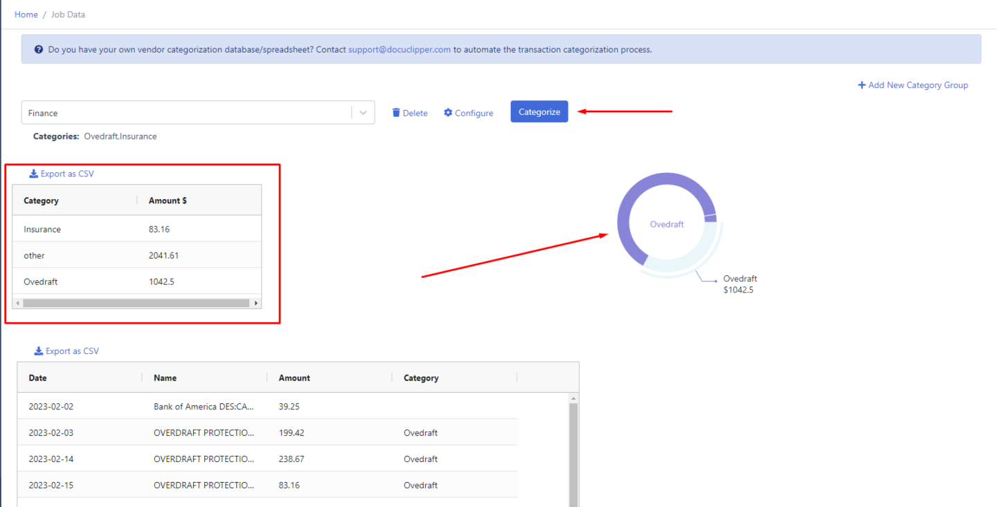 transaction categorized in DocuClipper