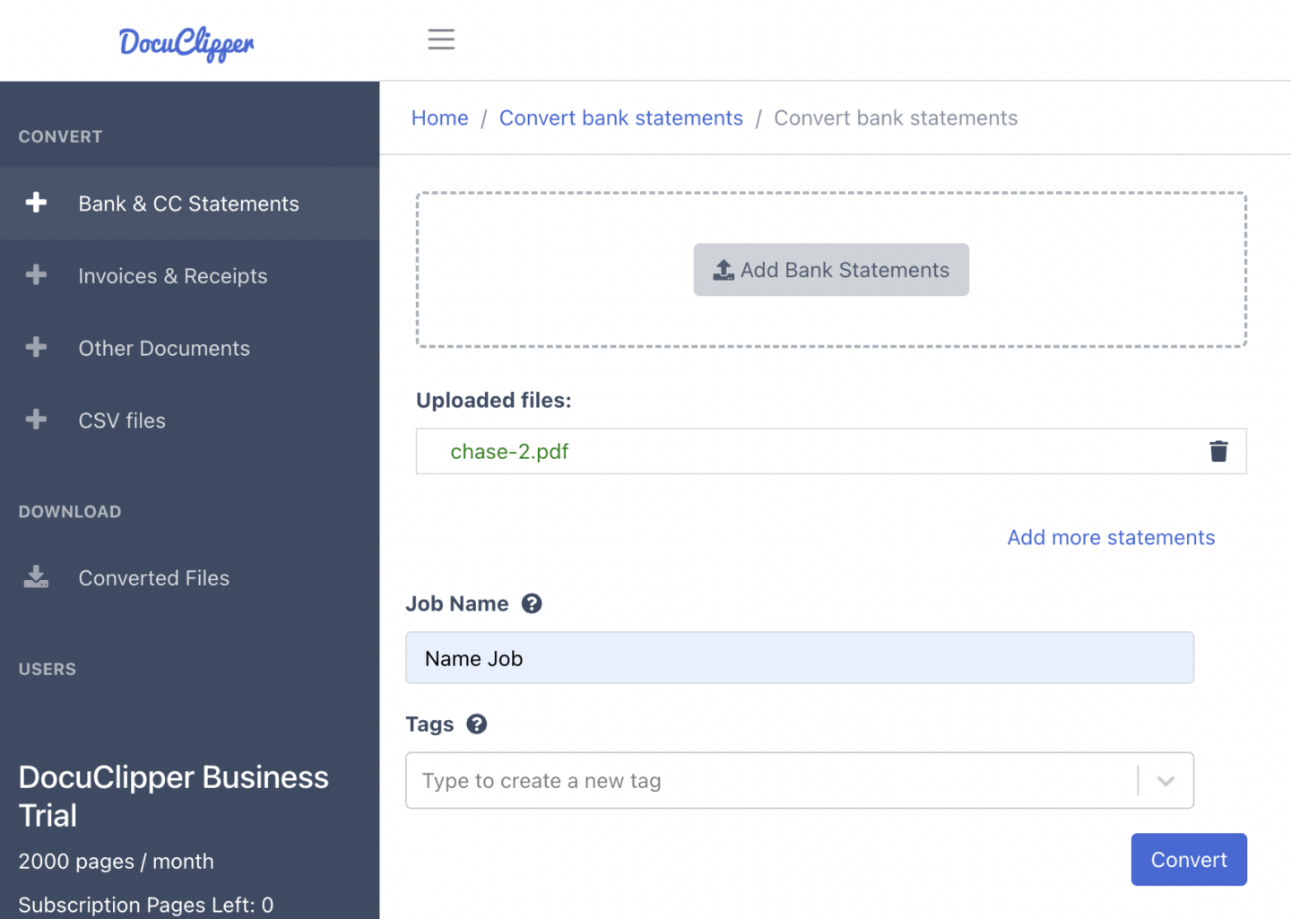 upload document in bank statement processing