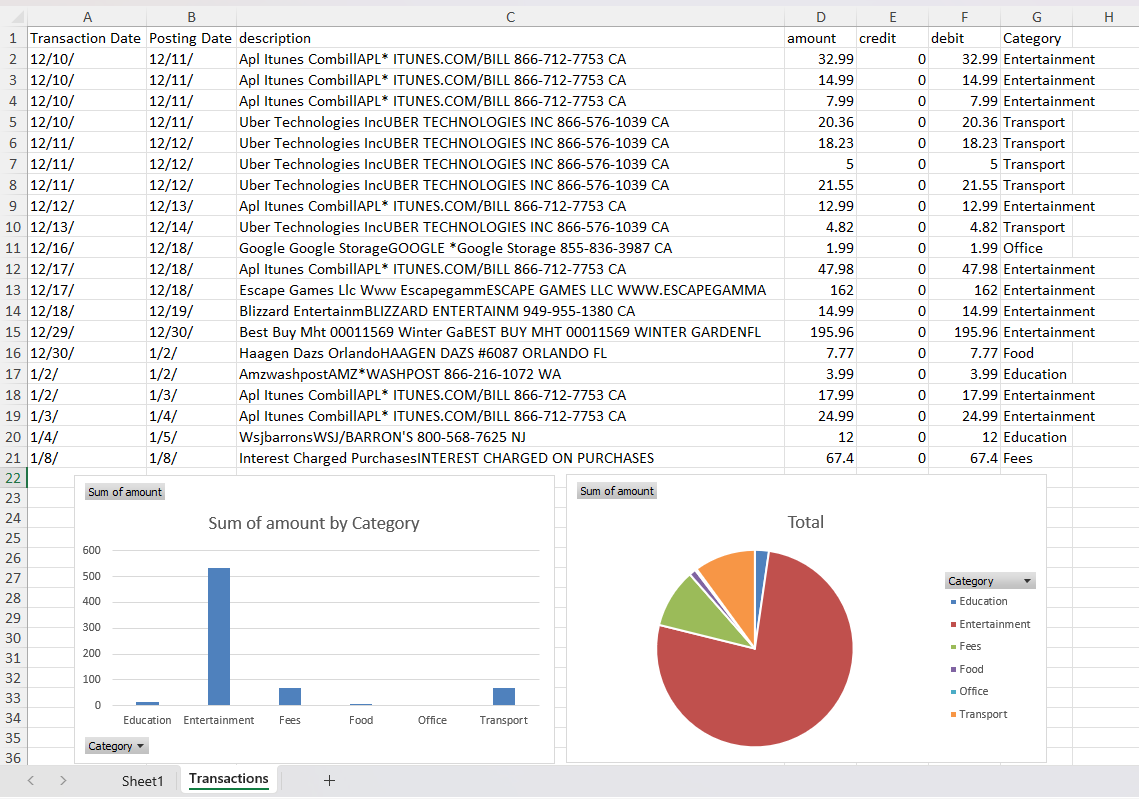 using excel to categorize transactions