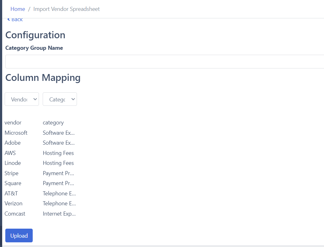 vendor categorization mapping csv